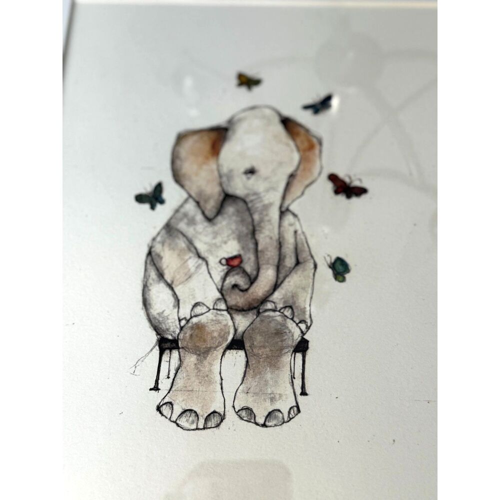 Beautiful Original Lisa Hurwitz drawing; Elephant and Butterflies framed - Picture 5 of 9